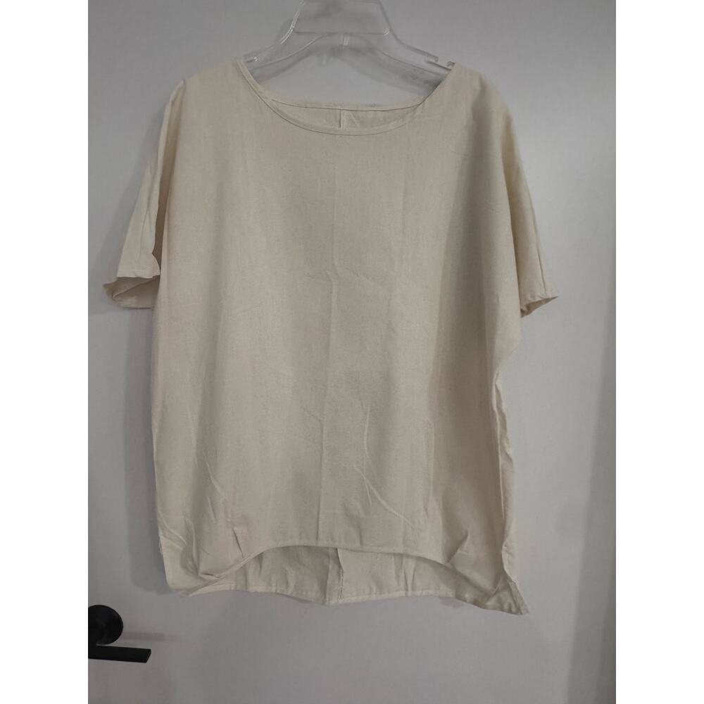 Linen Boxy Top Neutral High Low Hem Minimalist Large NEW - Picture 2 of 5